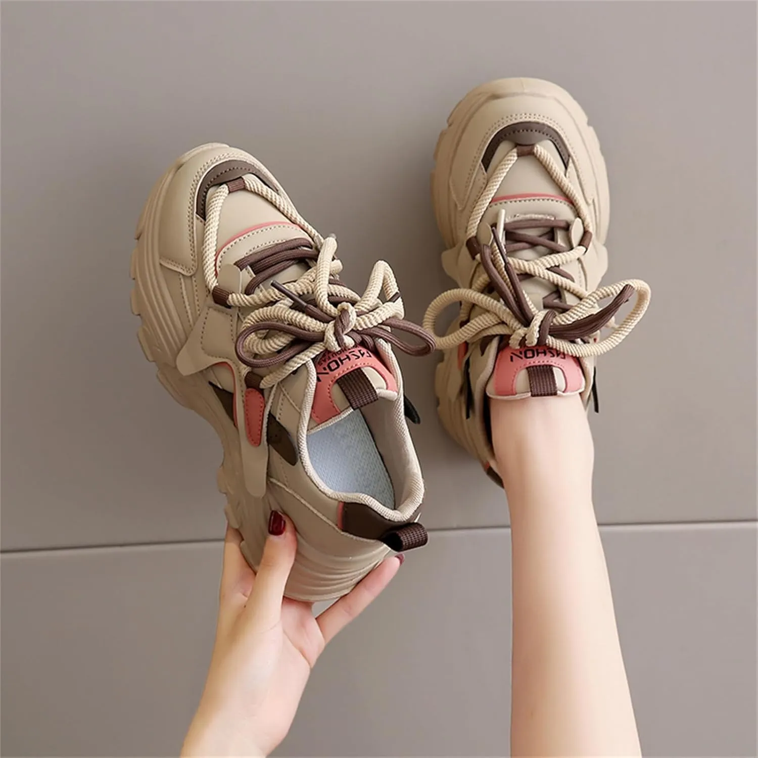 Womens Fashion Leather Lace Up Chunky Sneakers Lightweight Non-Slip Round Toe Walking Driving Shoes for Workout Daily Journey