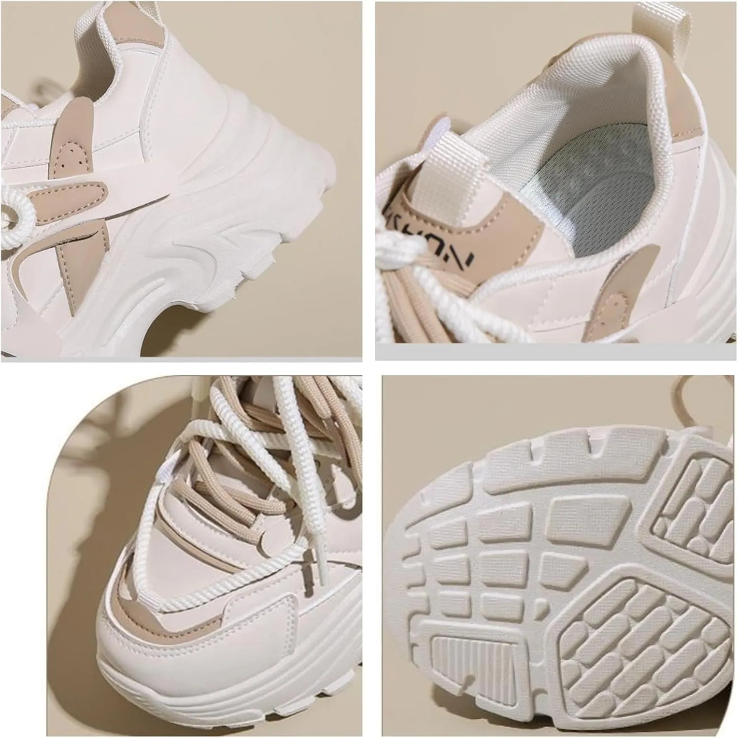 Womens Fashion Leather Lace Up Chunky Sneakers Lightweight Non-Slip Round Toe Walking Driving Shoes for Workout Daily Journey