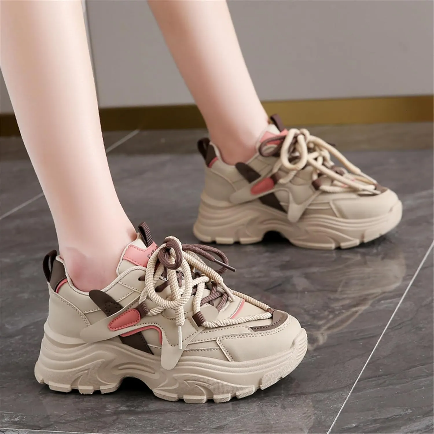 Womens Fashion Leather Lace Up Chunky Sneakers Lightweight Non-Slip Round Toe Walking Driving Shoes for Workout Daily Journey
