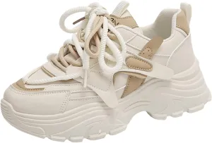 Womens Fashion Leather Lace Up Chunky Sneakers Lightweight Non-Slip Round Toe Walking Driving Shoes for Workout Daily Journey