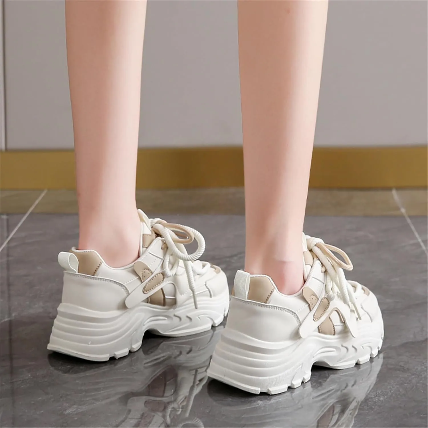 Womens Fashion Leather Lace Up Chunky Sneakers Lightweight Non-Slip Round Toe Walking Driving Shoes for Workout Daily Journey