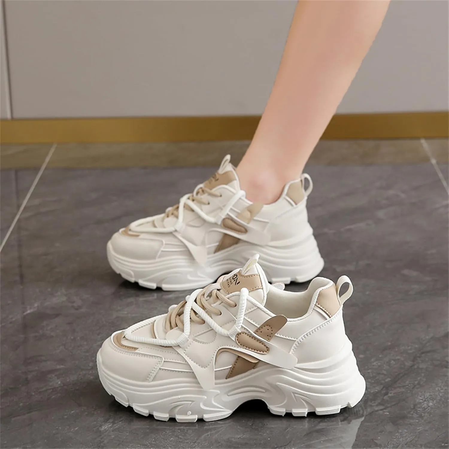Womens Fashion Leather Lace Up Chunky Sneakers Lightweight Non-Slip Round Toe Walking Driving Shoes for Workout Daily Journey