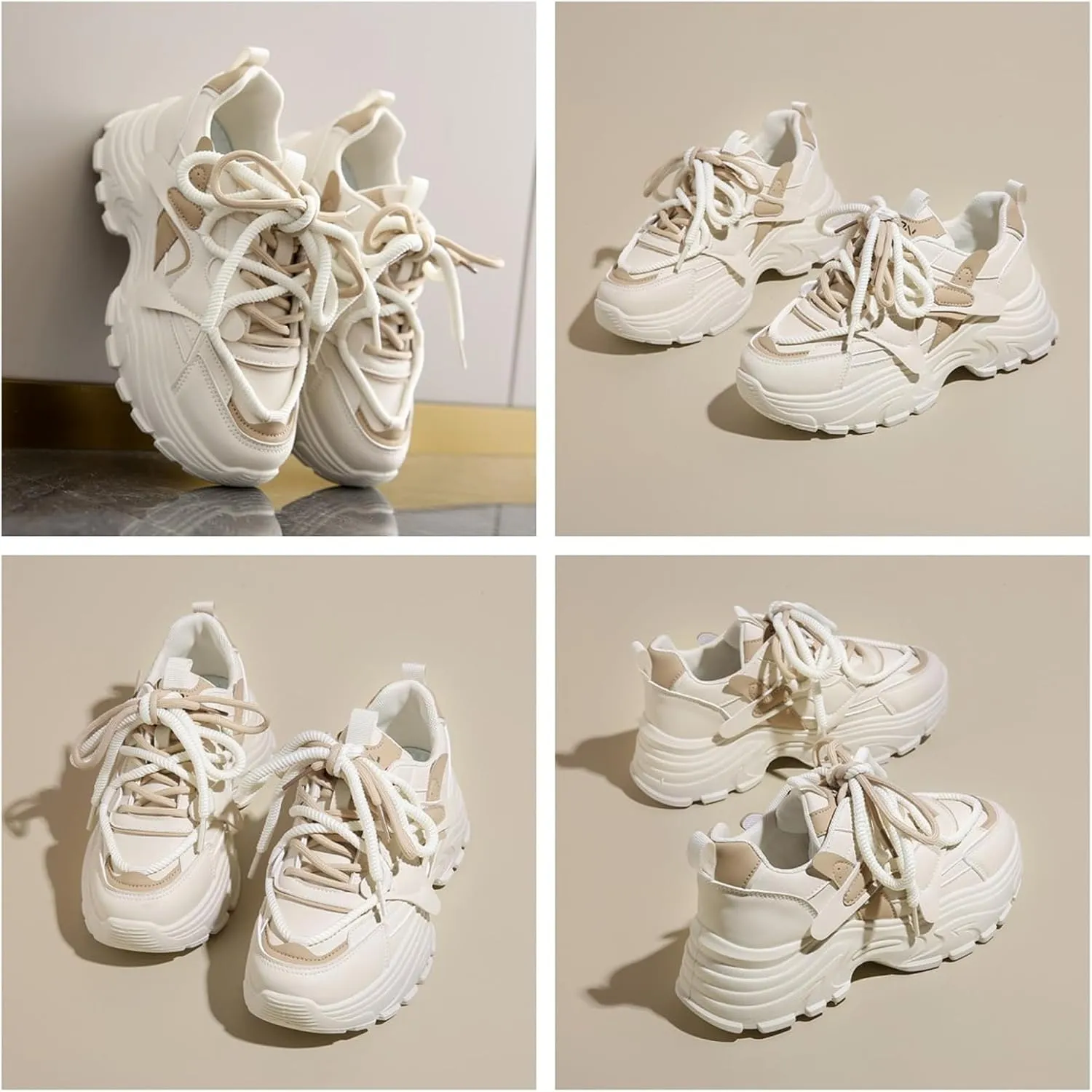Womens Fashion Leather Lace Up Chunky Sneakers Lightweight Non-Slip Round Toe Walking Driving Shoes for Workout Daily Journey