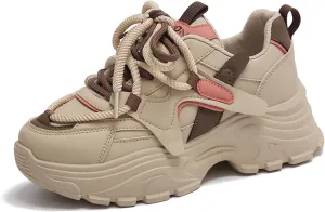 Womens Fashion Leather Lace Up Chunky Sneakers Lightweight Non-Slip Round Toe Walking Driving Shoes for Workout Daily Journey