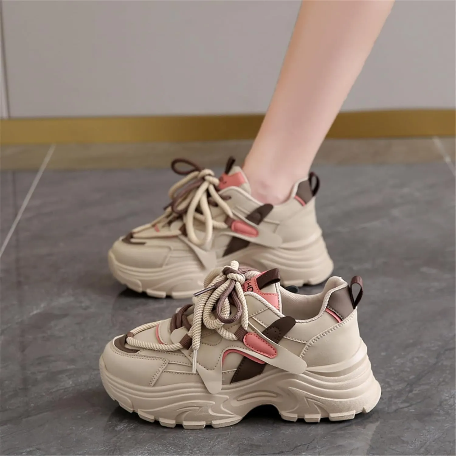 Womens Fashion Leather Lace Up Chunky Sneakers Lightweight Non-Slip Round Toe Walking Driving Shoes for Workout Daily Journey
