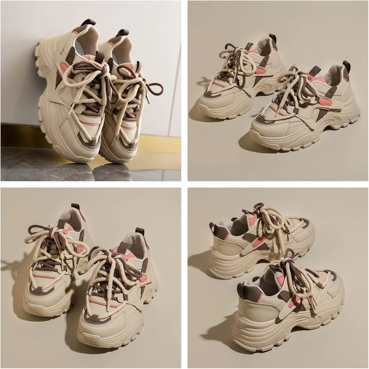 Womens Fashion Leather Lace Up Chunky Sneakers Lightweight Non-Slip Round Toe Walking Driving Shoes for Workout Daily Journey