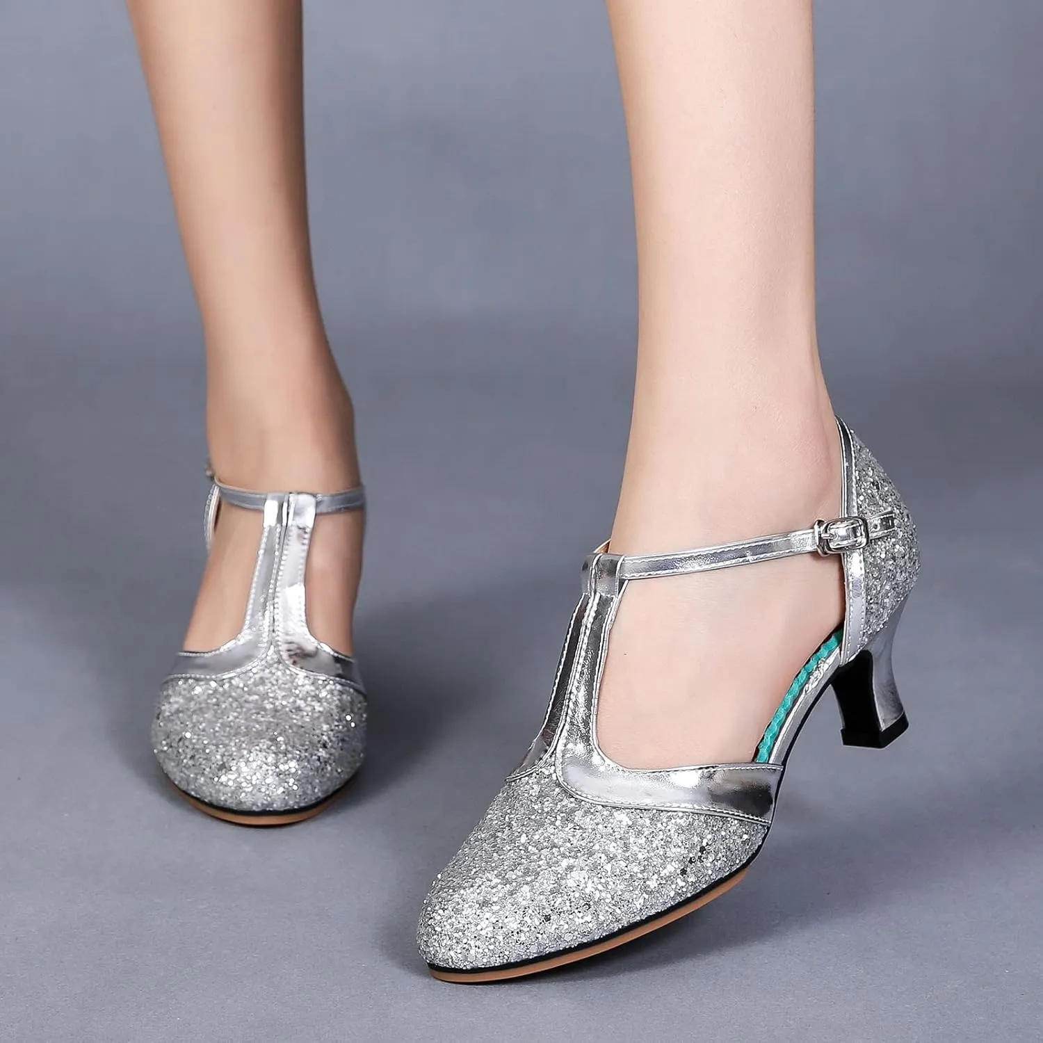 Women's Party Dancing Shoes Closed Toe Tango Ballroom Party Practice Performance Latin Dance Shoes (Silver, 8)