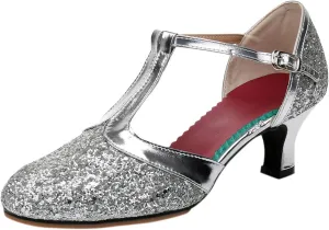 Women's Party Dancing Shoes Closed Toe Tango Ballroom Party Practice Performance Latin Dance Shoes (Silver, 8)