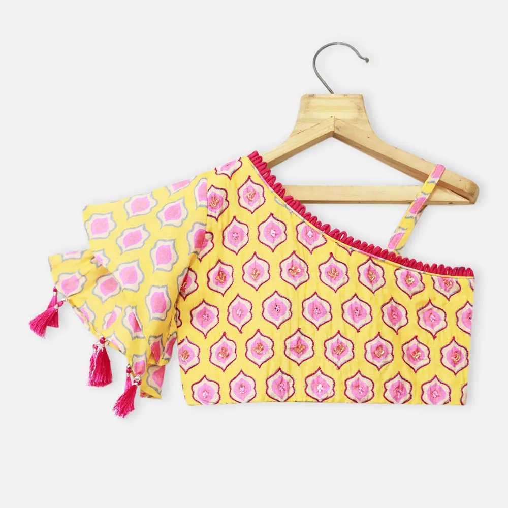 Yellow & Lavender Embroidered Choli With Floral Lehenga & Dupatta