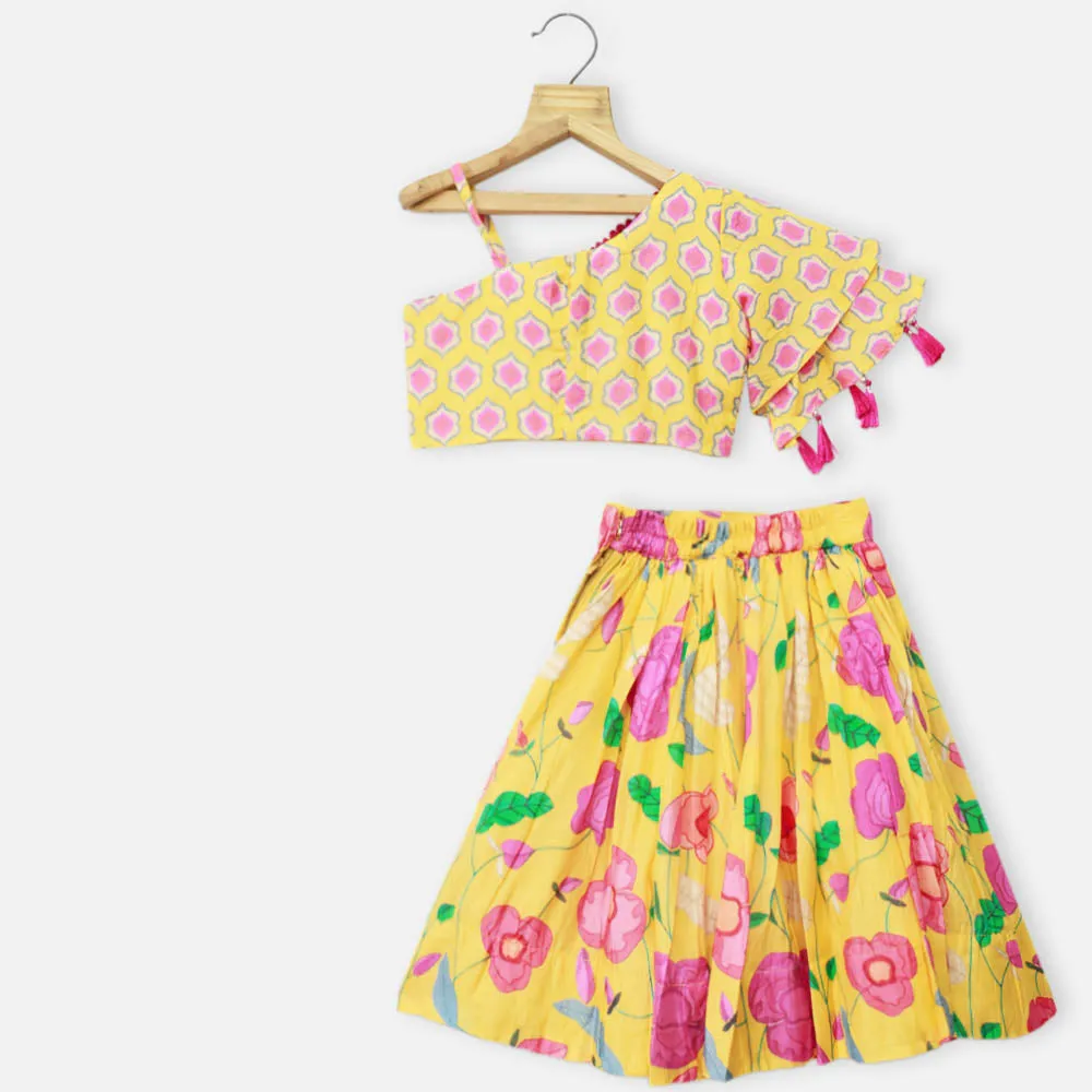 Yellow & Lavender Embroidered Choli With Floral Lehenga & Dupatta