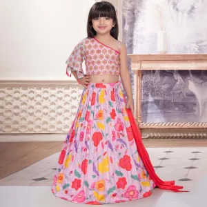 Yellow & Lavender Embroidered Choli With Floral Lehenga & Dupatta