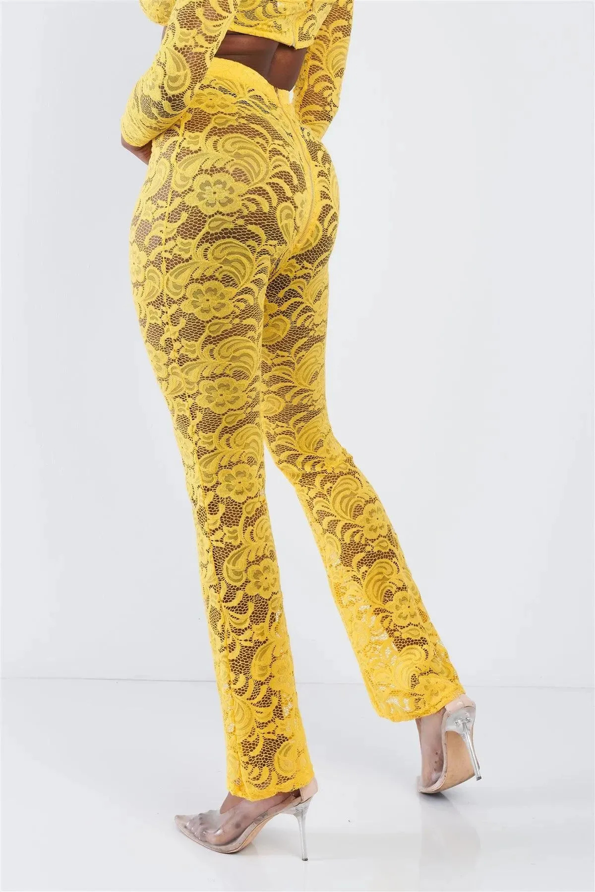 Yellow Sheer Floral Lace Crop Top & Flare Pant Set