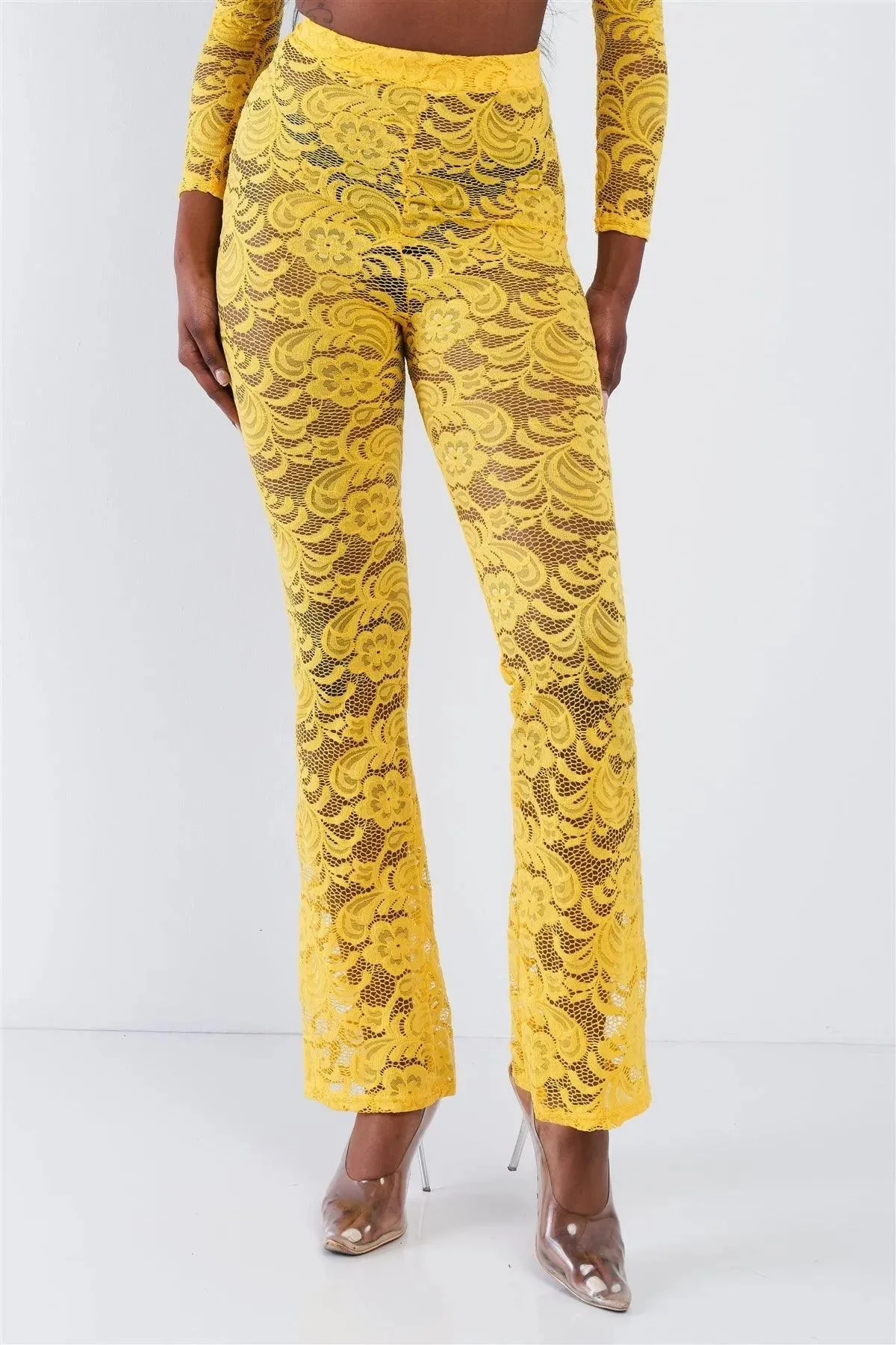 Yellow Sheer Floral Lace Crop Top & Flare Pant Set