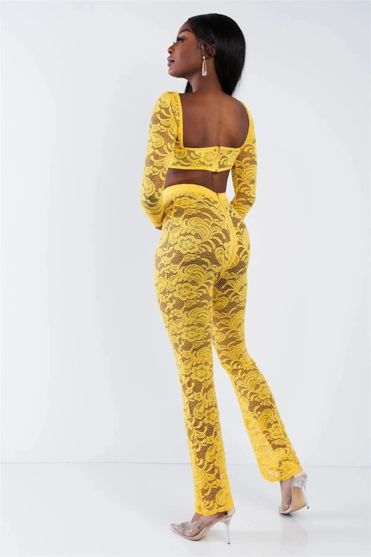 Yellow Sheer Floral Lace Crop Top & Flare Pant Set