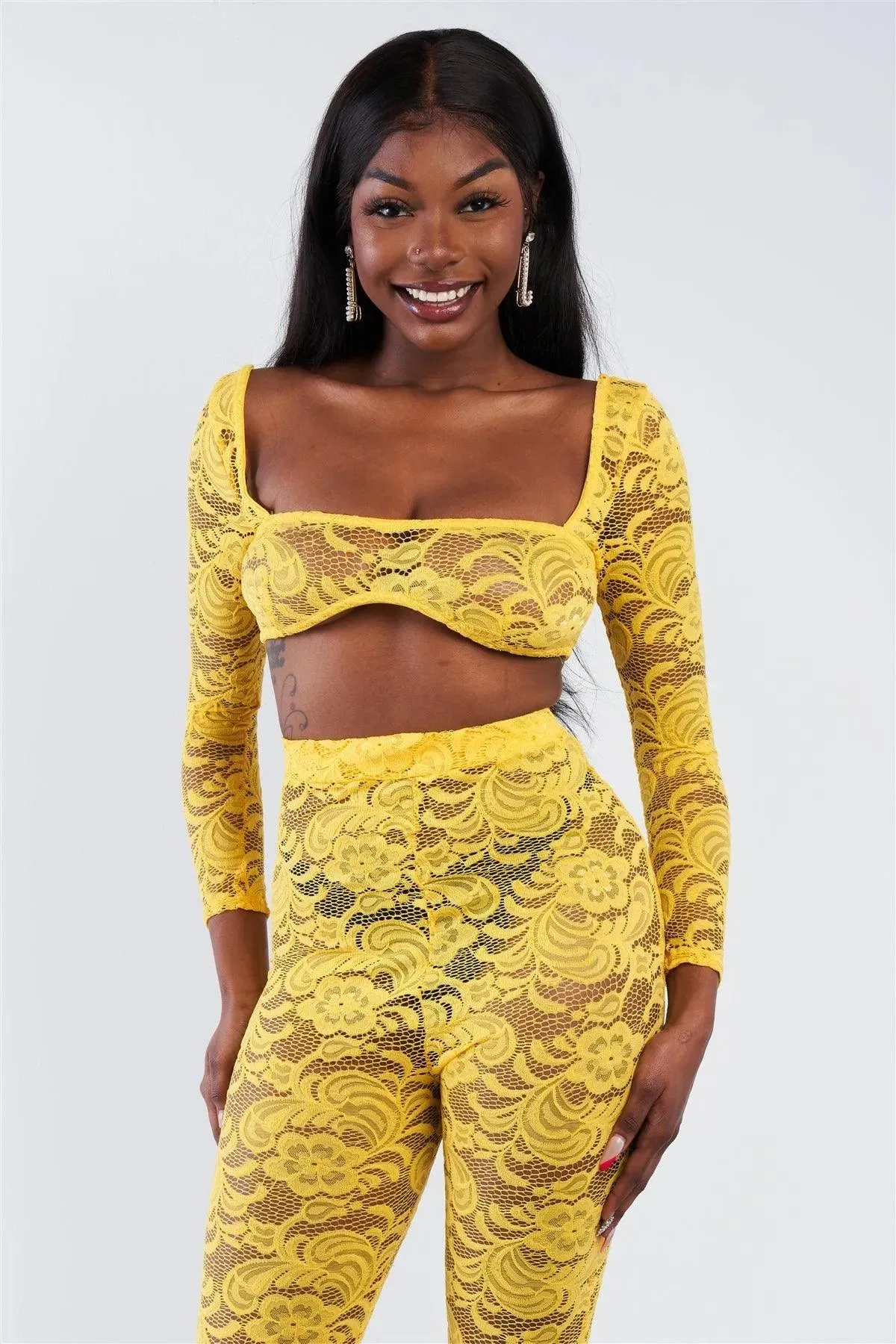Yellow Sheer Floral Lace Crop Top & Flare Pant Set