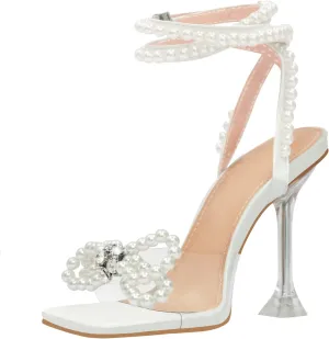 Yolkomo Women's Square Toe Clear Heels Sexy Rhinestone Bow Heels Open Toe Ankle Strap Stiletto High Heel Sandals