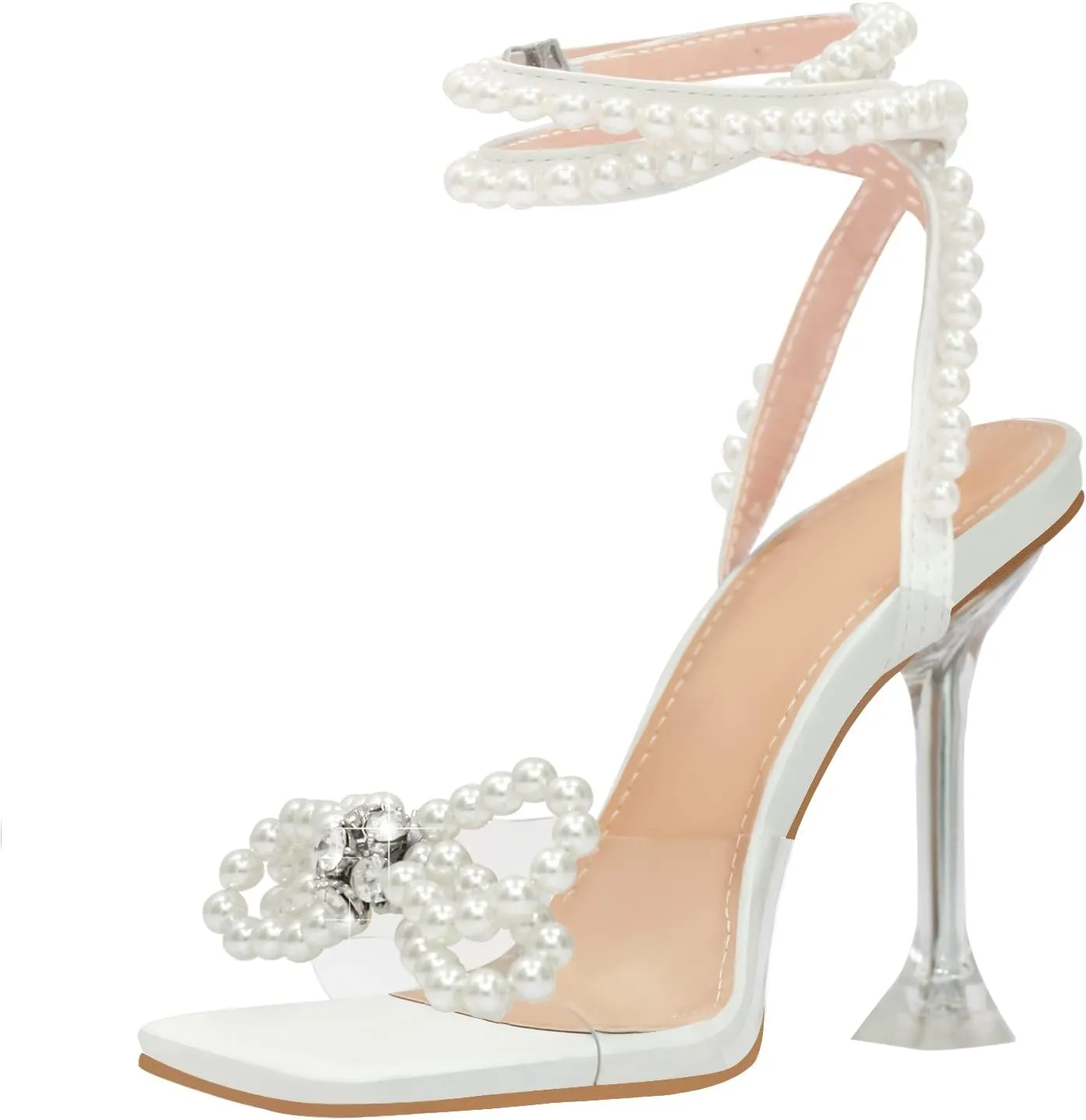 Yolkomo Women's Square Toe Clear Heels Sexy Rhinestone Bow Heels Open Toe Ankle Strap Stiletto High Heel Sandals