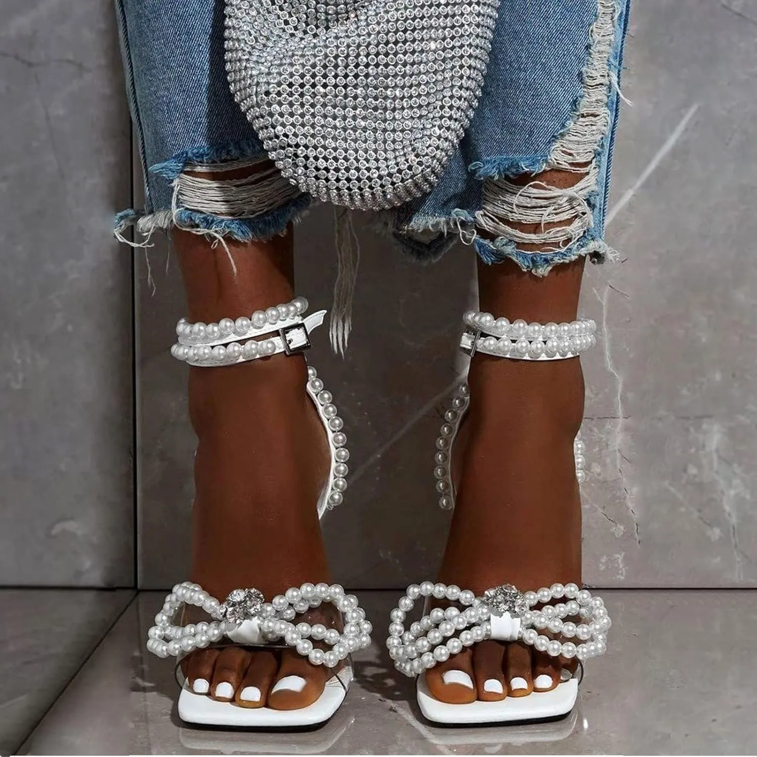 Yolkomo Women's Square Toe Clear Heels Sexy Rhinestone Bow Heels Open Toe Ankle Strap Stiletto High Heel Sandals